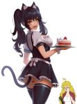  2girls ass black_hair blake_belladonna blush breasts cat_ears cat_tail cleavage cosplay dress happy large_breasts looking_at_viewer lulu-chan92 maid multiple_girls nosebleed ponytail rwby skirt thighhighs thumbs_up upskirt yang_xiao_long yellow_eyes 