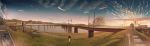  3others absurdres ambiguous_gender banishment blue_sky bridge cloud commentary_request day grass highres koinobori multiple_others original outdoors panorama people power_lines railroad_crossing railroad_tracks river road road_sign ruins scenery sign sky standing street summer sunset transmission_tower 