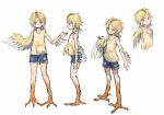  blonde_hair blue_shorts claws closed_mouth commentary_request crest feathered_wings harpy highres kamemaru looking_at_viewer monster_girl multiple_views orange_eyes original piyoko-chan_(kamemaru) shirt short_hair short_shorts shorts simple_background single_wing talons white_background winged_arms wings yellow_shirt 