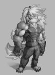  2018 abs anthro belt biceps canine cheong_hwan clothing digital_media_(artwork) fingerless_gloves fur gloves hair hi_res male mammal muscular muscular_male pants pecs simple_background solo standing wolf wolfmalro 