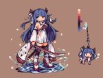  backless_outfit black_legwear blue_eyes blue_hair breasts brown_background chibi color_guide commentary_request detached_sleeves full_body hanging heterochromia horns ibuki_(azur_lane) ino_futon katana long_hair looking_at_viewer pixel_art red_eyes sheath sideboob standing standing_on_liquid sword thighhighs weapon wide_sleeves 