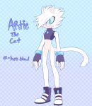  blue_eyes blue_sclera bottomless cat clothed clothing english_text feline fingerless_gloves fluffy fur girly gloves hair long_tail male mammal pink_nosebracelets solo text vilegrim white_fur 