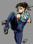  alternate_costume big-d brown_eyes brown_hair chun-li double_bun fighting_stance grey_background hair_ribbon ribbon shoes short_hair sleeveless sneakers solo standing standing_on_one_leg street_fighter street_fighter_zero_(series) studded_bracelet unitard vest 