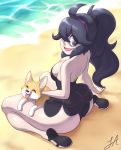  1girl @_@ ahoge al_bhed_eyes ass bare_shoulders beach breasts cleavage dog from_above headband hex_maniac_(pokemon) kneeling legs_apart long_hair looking_at_viewer looking_back medium_breasts nail_polish npc_trainer one-piece_swimsuit one_eye_covered pokemon pokemon_(game) pokemon_xy ponytail purple_eyes purple_hair sandals smile solo swimsuit wariza 