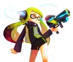  bike_shorts commentary domino_mask english_commentary gradient_hair green_hair green_vest hand_up headgear hero_shot_(splatoon) highres holding holding_weapon inkling long_hair long_sleeves maplekeurig mask multicolored_hair orange_eyes safety_vest simple_background solo splatoon_(series) squidbeak_splatoon standing tentacle_hair tentacles vest weapon white_background 