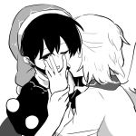  back doremy_sweet finger_licking greyscale hat holding_another's_arm jacket kishin_sagume kiss licking monochrome multiple_girls neck_kiss nightcap one_eye_closed open_mouth pom_pom_(clothes) shikushiku_(amamori_weekly) short_hair tongue tongue_out touhou wings yuri 