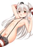  amatsukaze_(kantai_collection) arm_up armpits bangs black_choker black_hat blush breasts brown_eyes choker commentary_request eyebrows_visible_through_hair groin hair_between_eyes hair_tubes hat kantai_collection long_hair looking_at_viewer mini_hat navel nipples nude pussy silver_hair small_breasts smokestack solo striped striped_legwear thighhighs toshishikisai two_side_up very_long_hair windsock 