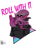  cannibal_harpy cephalopod clothing english_text eyewear gem glasses jacket looking_at_viewer male marine mind_flayer pink_eyes pink_sclera purple_skin solo squid tentacles text 