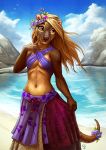  amber_eyes anthro avian beach bird blonde_hair bow clothed clothing cloud day female flower fossa hair long_hair mammal navel outside plant sea seaside skirt sky smile solo standing stone tasanko water 