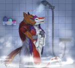  anthro azaly canine duo fox hug mammal marcus_mordecai sergal shower smile steam unknown_artist 