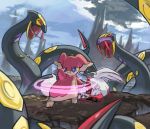  cloud deep_wound highres injury lying monster no_humans on_stomach outdoors pinkgermy pokemon pokemon_(creature) rock seviper sky standing zangoose 