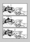  3koma :3 animal_ears blush_stickers bow bowtie closed_eyes comic common_raccoon_(kemono_friends) elbow_gloves fang fennec_(kemono_friends) fox_ears gloves greyscale highres kemono_friends kotobuki_(tiny_life) lying monochrome multiple_girls notice_lines on_back outdoors pleated_skirt puffy_short_sleeves puffy_sleeves raccoon_ears raccoon_tail short_hair short_sleeves silent_comic skirt sleeping smile tail translated vest zzz 