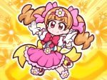  &gt;:) aisaki_emiru aura bangs blunt_bangs blush_stickers bow bowtie brown_hair chibi closed_mouth commentary_request elbow_pads floral_background flower frilled_skirt frills full_body gloves guardias hair_bow hair_flower hair_ornament hairband hugtto!_precure jumping knee_pads long_hair magical_girl pose precure puffy_short_sleeves puffy_sleeves red_bow red_eyes shirt shoes short_sleeves skirt smile solo twintails v-shaped_eyebrows white_shirt 