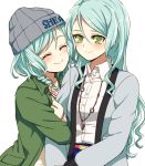  ^_^ akasata aqua_hair arm_hug bang_dream! beanie blue_jacket blush bow closed_eyes collared_shirt green_eyes green_jacket grey_hat hair_between_eyes hair_bow hat headwear_writing hikawa_hina hikawa_sayo jacket jewelry long_hair long_sleeves multiple_girls pendant shirt short_hair siblings side_braids simple_background sisters smile twins upper_body white_background white_shirt yellow_bow 