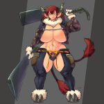  2_tails animal_humanoid big_breasts bovine breasts bulge cleavage cleaver clothed clothing cow_humanoid dickgirl dual_wielding ear_piercing facial_scar gloves hair hataraki_ari holding_object holding_weapon hooves horn huge_breasts humanoid intersex jacket knife mammal melee_weapon midriff multi_tail muscular muscular_dickgirl muscular_intersex navel panties pants piercing pointy_ears red_hair scar shimomo short_hair solo tail_tuft tuft underwear voluptuous weapon yellow_eyes 