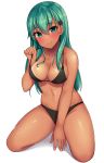  bikini bikini_tan black_bikini blush breasts cleavage closed_mouth collarbone commentary_request eyebrows_visible_through_hair fingernails full_body green_eyes green_hair hair_between_eyes hair_ornament hairclip highres hiiragi_hajime kantai_collection kneeling large_breasts long_hair looking_at_viewer medium_breasts navel shadow shiny shiny_skin simple_background skindentation smile solo strap_lift strap_pull suzuya_(kantai_collection) swimsuit tan tanline white_background 