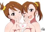  ;) ;d brown_eyes brown_hair commentary_request futami_ami futami_mami heart heart_hands heart_hands_duo idolmaster idolmaster_(classic) jabara_tornado looking_at_viewer multiple_girls one_eye_closed open_mouth short_hair short_ponytail siblings side_ponytail signature simple_background sisters smile twins upper_body white_background 