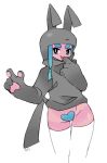  animal_ears blue_eyes blue_hair bottomless highres hood hoodie maebari original paws pinkgermy simple_background solo tail thick_eyebrows thighhighs white_background 