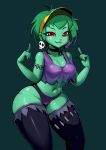  2018 breasts cleavage clothed clothing collar collarbone digital_media_(artwork) ear_piercing female fully_clothed green_hair green_skin hair hairband happy hi_res human legwear looking_at_viewer mammal navel not_furry panties piercing pinup pose psycoil_(artist) purple_shirt red_eyes rottytops shantae_(series) shirt short_hair simple_background skull_earrings smile solo standing stitches stockings tank_top thick_thighs thigh_highs undead underwear visor zombie 