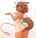  1girl :d animal_ears artist_name ass bare_shoulders brown_hair collar commentary dark_skin dog_ears dog_tail dress eyebrows_visible_through_hair eyes_visible_through_hair fang hair_between_eyes halftone halftone_background kuroonehalf leash open_mouth original paw_background short_hair shoulder_blades simple_background smile solo symbol_in_eye tail thighs white_background woof yellow_eyes 