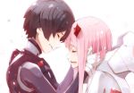  1girl black_hair bodysuit closed_eyes commentary_request crying darling_in_the_franxx forehead-to-forehead from_side gloves hands_on_another's_face happy happy_tears hiro_(darling_in_the_franxx) horns hoshizaki_reita open_mouth pink_hair profile smile tears white_background white_gloves zero_two_(darling_in_the_franxx) 