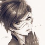  bangs eyelashes freckles gloves goggles greyscale hand_to_own_mouth hand_up head_tilt heart lips looking_at_viewer monochrome overwatch parted_lips portrait short_hair signature simple_background solo swept_bangs tracer_(overwatch) umigraphics white_background 