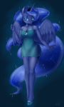  2013 anthro anthrofied blue_feathers blue_hair clothing constellation crown cutie_mark dress equine feathered_wings feathers female friendship_is_magic hair hi_res horn long_hair mammal my_little_pony nivrozs princess princess_luna_(mlp) royalty solo teal_eyes winged_unicorn wings 