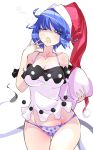  bare_shoulders blue_eyes blue_hair breasts cleavage doremy_sweet groin hat highres large_breasts lingerie messy_hair nightcap nightgown no_nose no_pants panties pointy_ears polka_dot polka_dot_panties pom_pom_(clothes) raptor7 simple_background sleepy touhou underwear wide_hips yawning 