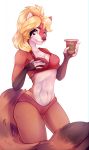  2018 5_fingers anthro blonde_hair bra breasts clothed clothing digital_media_(artwork) eyelashes female hair hand_on_breast kristiana_puff mammal midriff navel panties purple_eyes red_panda simple_background smile solo underwear white_background 