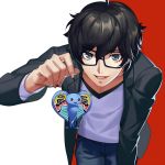  :d amamiya_ren bangs black_hair black_jacket blue_pants buming cowboy_shot grey_eyes hair_between_eyes jacket leaning_forward looking_at_viewer male_focus mothman_(megami_tensei) open_clothes open_jacket open_mouth pants persona persona_5 shirt smile solo white_shirt 