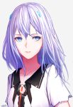  artist_name beatless blue_eyes breasts cleavage collarbone grey_background hair_between_eyes highres hirein leicia long_hair looking_away parted_lips shirt short_sleeves silver_hair simple_background small_breasts solo upper_body white_shirt 