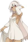  altera_(fate) armpits bangs bare_shoulders blush breasts closed_mouth collarbone commentary_request cowboy_shot dark_skin detached_sleeves dress fate/extra fate/grand_order fate_(series) hair_between_eyes heroic_spirit_formal_dress looking_at_viewer red_eyes shiseki_hirame simple_background small_breasts solo standing white_background white_dress white_hair 