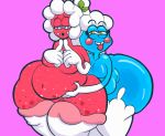  anthro blush decentperversion duo female food goo_creature invalid_tag not_furry shy simple_background slightly_chubby slime smile thick_thighs 