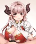  1girl alicia_(granblue_fantasy) bangs blunt_bangs blush breasts brown_eyes brown_hair censored cleavage draph earrings eyebrows_visible_through_hair finger_to_mouth frilled_sleeves frills gloves gradient gradient_background granblue_fantasy heart hetero horns jewelry large_breasts long_hair male_pubic_hair mosaic_censoring parted_lips penis pointy_ears pubic_hair puffy_short_sleeves puffy_sleeves short_sleeves spread_legs sweat white_gloves youkan 