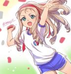  :d ball bc_freedom_(emblem) blonde_hair blue_shorts blurry blurry_background commentary drill_hair droplet dutch_angle emblem girls_und_panzer green_eyes gym_shirt gym_shorts gym_uniform hairband holding long_hair looking_at_viewer marie_(girls_und_panzer) open_mouth red_hairband shinmai_(kyata) shirt short_shorts shorts smile solo standing throwing white_shirt 