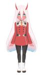  absurdres alternate_costume aqua_eyes bad_id bad_pixiv_id black_legwear boots commentary_request darling_in_the_franxx erjian flat_chest hair_between_eyes highres long_hair oni_horns open_mouth orange_neckwear pantyhose red_horns red_skin silver_hair simple_background solo spoilers standing uniform very_long_hair white_background younger zero_two_(darling_in_the_franxx) 