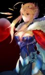  absurdres ahoge armor artoria_pendragon_(all) artoria_pendragon_(lancer) blonde_hair blue_dress braid breasts cape cleavage closed_mouth commentary_request crown dress fate/grand_order fate_(series) faulds french_braid fur-trimmed_cape fur_trim gauntlets green_eyes hair_between_eyes highres large_breasts red_cape sakupannda06o sidelocks 