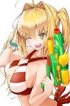  ;d ahoge bare_arms bare_shoulders bikini blonde_hair blush bracelet breasts cleavage commentary_request criss-cross_halter eyebrows_visible_through_hair fate/grand_order fate_(series) green_eyes hair_intakes halterneck holding_water_gun jewelry large_breasts long_hair nero_claudius_(fate)_(all) nero_claudius_(swimsuit_caster)_(fate) one_eye_closed open_mouth red_bikini red_ribbon ribbon side-tie_bikini sideboob signature simple_background smile solo striped striped_bikini striped_swimsuit swimsuit twintails utayoi_(umakatare) water_gun white_background white_bikini 