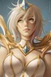  armor bikini_armor blonde_hair blue_eyes blue_hair blush breasts cleavage closed_mouth commentary elementalist_lux eyeliner floating_hair gorget gradient_hair hair_between_eyes large_breasts league_of_legends light_elementalist_lux lips looking_away looking_up luxanna_crownguard makeup multicolored_hair nose pink_hair realistic sciamano240 short_hair solo streaked_hair upper_body 