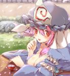  arm_garter bangs between_breasts blue_dress blue_kimono blush breasts cherry_blossoms choker cleavage collarbone cup dress frills grass hand_on_own_cheek hat highres japanese_clothes kimono large_breasts long_sleeves looking_at_viewer lying mob_cap on_stomach open_mouth petals pink_hair red_eyes rock saigyouji_yuyuko smile solo touhou triangular_headpiece upper_body varyu wall wide_sleeves wind wind_lift 