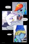  2016 absurd_res avian beak bird blue_feathers bottomless clothed clothing comic dialogue duo english_text equine feathered_wings feathers female feral friendship_is_magic gilda_(mlp) gryphon hair half-closed_eyes hi_res inside leyanor mammal multicolored_hair my_little_pony pegasus pillow purple_feathers pussy rainbow_dash_(mlp) rainbow_hair text toothbrush white_feathers wings 