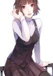  :d absurdres arm_support bangs black_legwear black_skirt blunt_bangs brown_hair eyebrows_visible_through_hair hand_in_hair highres looking_at_viewer miniskirt niijima_makoto open_mouth pantyhose persona persona_5 pleated_skirt red_eyes shirt short_hair sitting skirt smile solo white_background white_shirt yft000 
