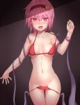  @_@ areola_slip areolae bikini blush breasts censored cleavage commentary_request eyebrows_visible_through_hair fang groin hair_between_eyes heart heart_censor highres komeiji_satori medium_breasts pink_eyes pink_hair short_hair solo sweat swimsuit symbol-shaped_pupils tearing_up tentacles thighhighs thighs touhou yonaga_(masa07240) 