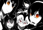  bangs bright_pupils brown_eyes closed_mouth commentary crazy_eyes emperor_penguin_(kemono_friends) frown gentoo_penguin_(kemono_friends) greyscale grimace hairband halftone headphones humboldt_penguin_(kemono_friends) kaya_(nari1-24) kemono_friends long_hair looking_back monochrome multiple_girls open_mouth penguins_performance_project_(kemono_friends) purple_eyes red_eyes rockhopper_penguin_(kemono_friends) royal_penguin_(kemono_friends) sharp_teeth short_hair smile spot_color standing teeth white_pupils zipper_pull_tab 