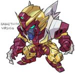  after_war_gundam_x aqua_eyes character_name chibi claw_(weapon) full_body fusion gundam gundam_virsago looking_away marvel mechanization sabertooth_(x-men) simple_background solo standing weapon white_background x-men 