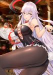  alcohol animal_ears armlet azur_lane bangs bare_shoulders black_legwear black_leotard bow bowtie breasts bunny_ears bunny_girl bunny_tail bunnysuit cleavage cowboy_shot cross-laced_clothes cup darcy_(pixiv11949485) drinking_glass eyebrows_visible_through_hair fake_animal_ears fingernails frilled_armband frilled_leotard frills graf_zeppelin_(azur_lane) hair_between_eyes hands_up highres holding holding_tray indoors iron_cross large_breasts leg_up leotard long_fingernails long_hair looking_at_viewer maid_headdress nail_polish pantyhose parted_lips purple_eyes red_nails red_neckwear silver_hair skin_tight smile solo spilling standing standing_on_one_leg strapless strapless_leotard tail tray very_long_hair waitress wine wine_glass wrist_cuffs 
