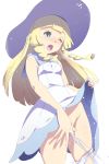  blonde_hair blush braid dress dress_lift female_ejaculation green_eyes hat highres lifted_by_self lillie_(pokemon) long_hair masturbation mushi_gyouza no_panties one_eye_closed open_mouth pokemon pokemon_(game) pokemon_sm side_braid simple_background sleeveless sleeveless_dress solo splashing sun_hat twin_braids white_background white_dress white_hat 