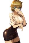  black_legwear blue_eyes breasts brown_hair cleavage commentary_request glasses hand_to_own_mouth high-waist_skirt korean_commentary large_breasts leaning_forward miniskirt original pencil_skirt short_hair skirt sleeves_rolled_up smile solo sookmo thighhighs 