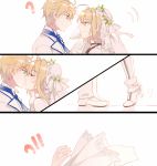  1girl ? ?!! arthur_pendragon_(fate) blonde_hair blue_neckwear blush bun_cover chain closed_eyes comic commentary fate/grand_order fate_(series) formal green_eyes hair_bun kiss necktie necktie_grab neckwear_grab nero_claudius_(bride)_(fate) nero_claudius_(fate) nero_claudius_(fate)_(all) shen_yi short_hair suit tiptoe_kiss tiptoes white_rose_(fate/grand_order) white_suit 