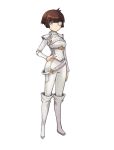  boots brown_hair eyepatch hand_on_hip long_sleeves looking_at_viewer original pants shirt short_hair silver_eyes simple_background smile solo sookmo white_armor white_background white_footwear white_pants white_shirt 